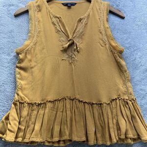 American Eagle Tank Top Small Mustard Lace Cottagecore Fringe Boho Y2K Style